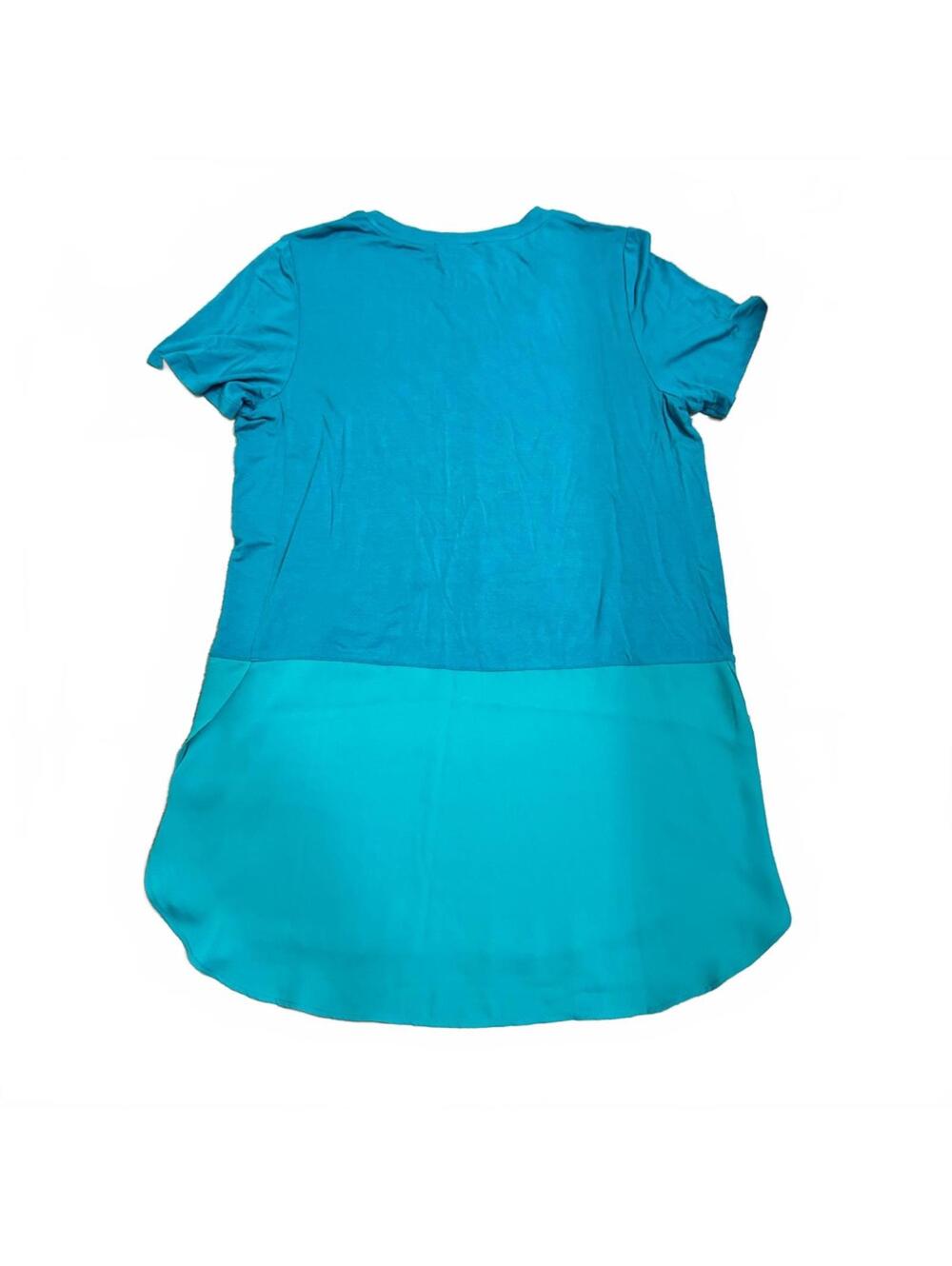 Blue Green V-Neck Short Sleeve Panel Top Medium Casual Minimalist Chic - Picture 2 of 5